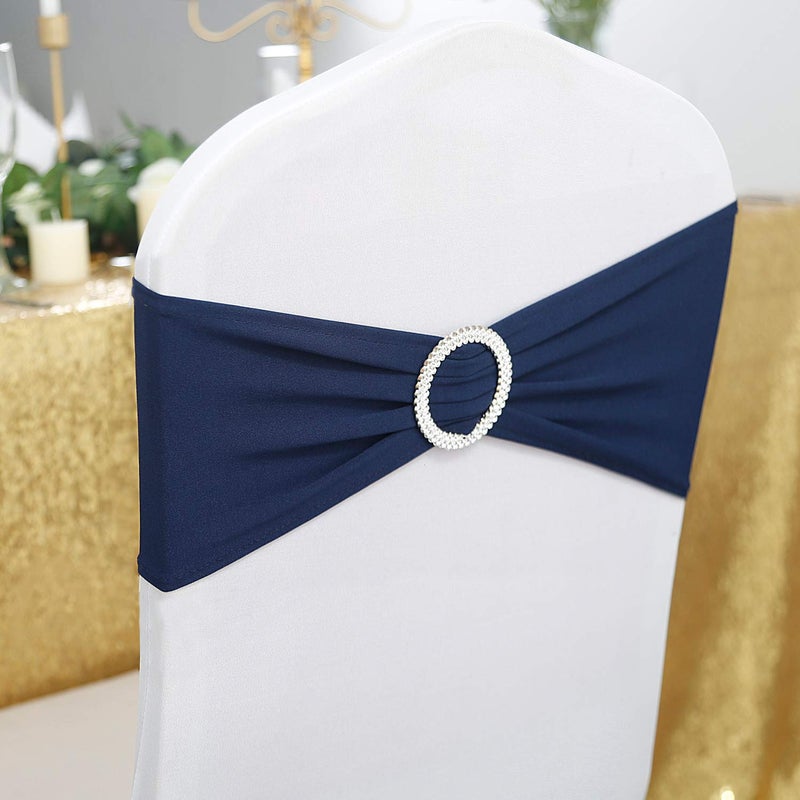 Peomeise 50pcs Navy Spandex Chair Sashes with Buckle Slider for Wedding, Party Decoration - Image 2
